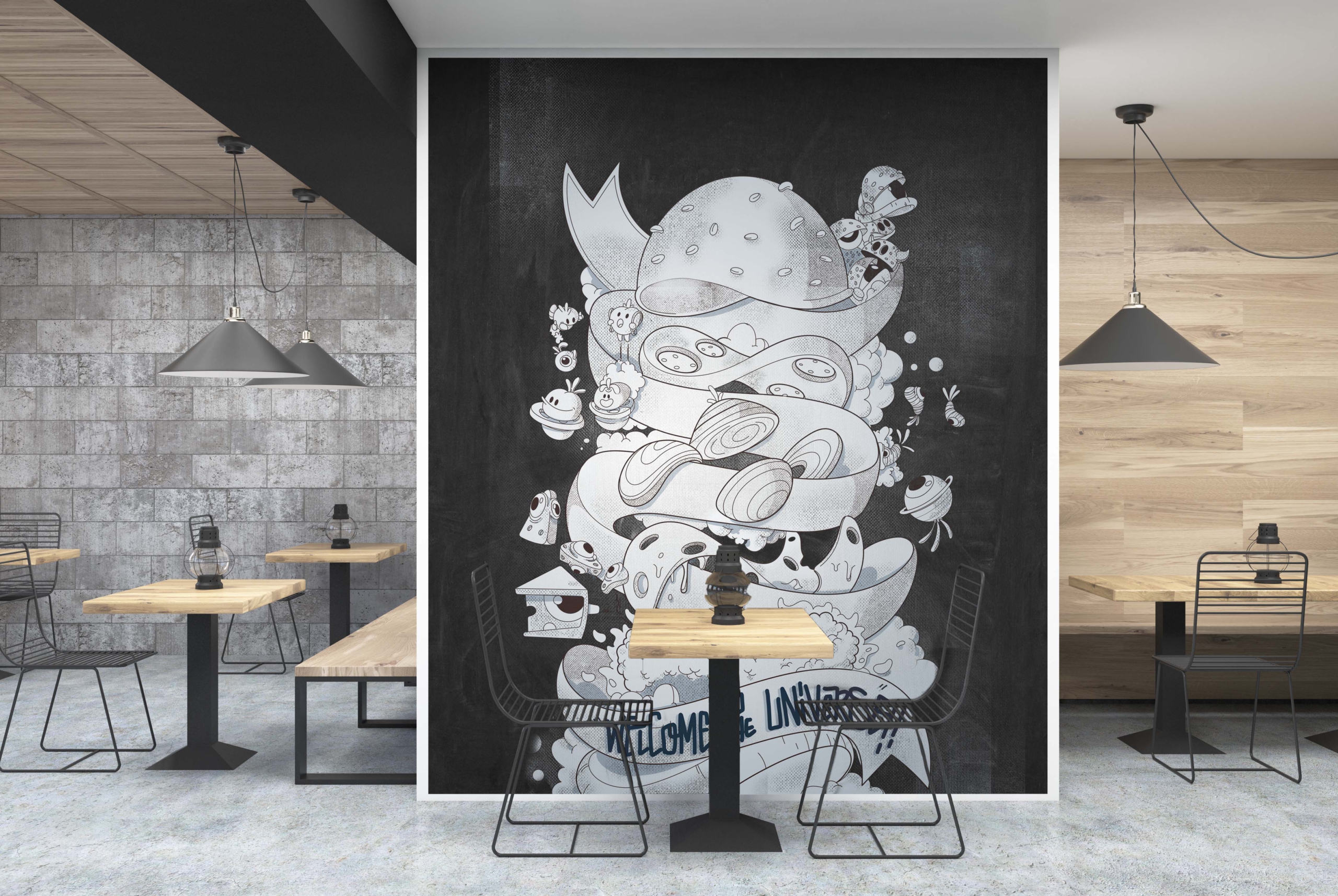 Gray and wooden cafe, black wall, table